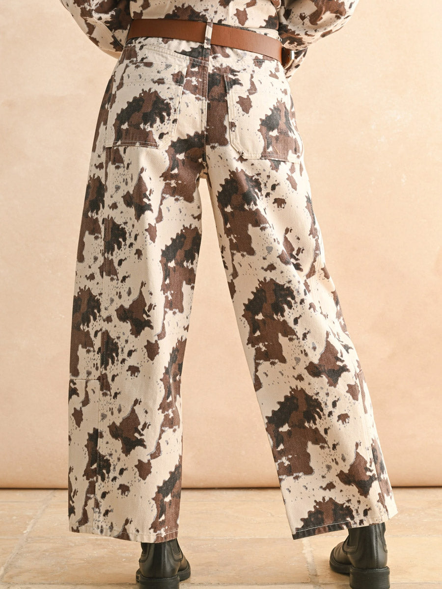 COW PRINTED BARREL JEAN PANT -