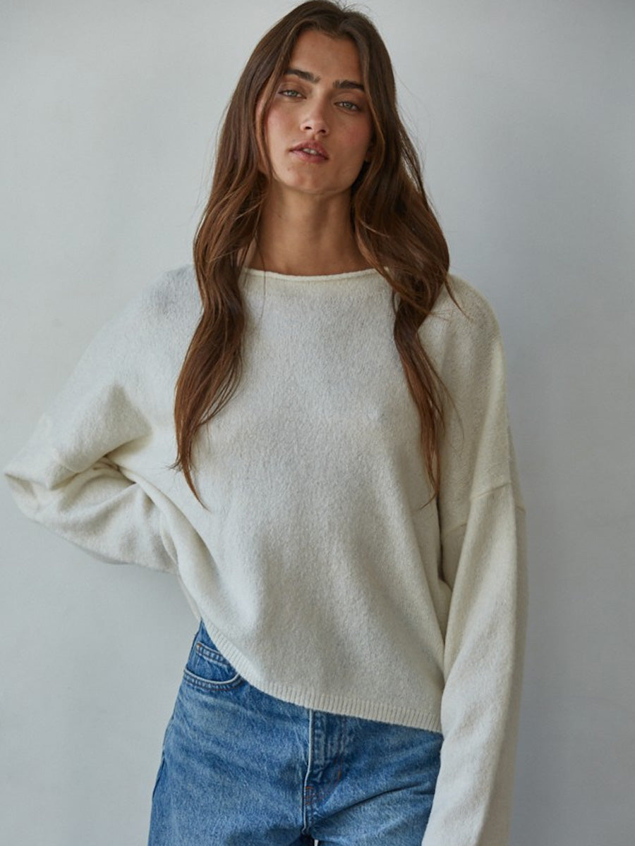KNIT SWEATER WITH ROLLED ROUND NECK - OFF WHITE SWEATER -