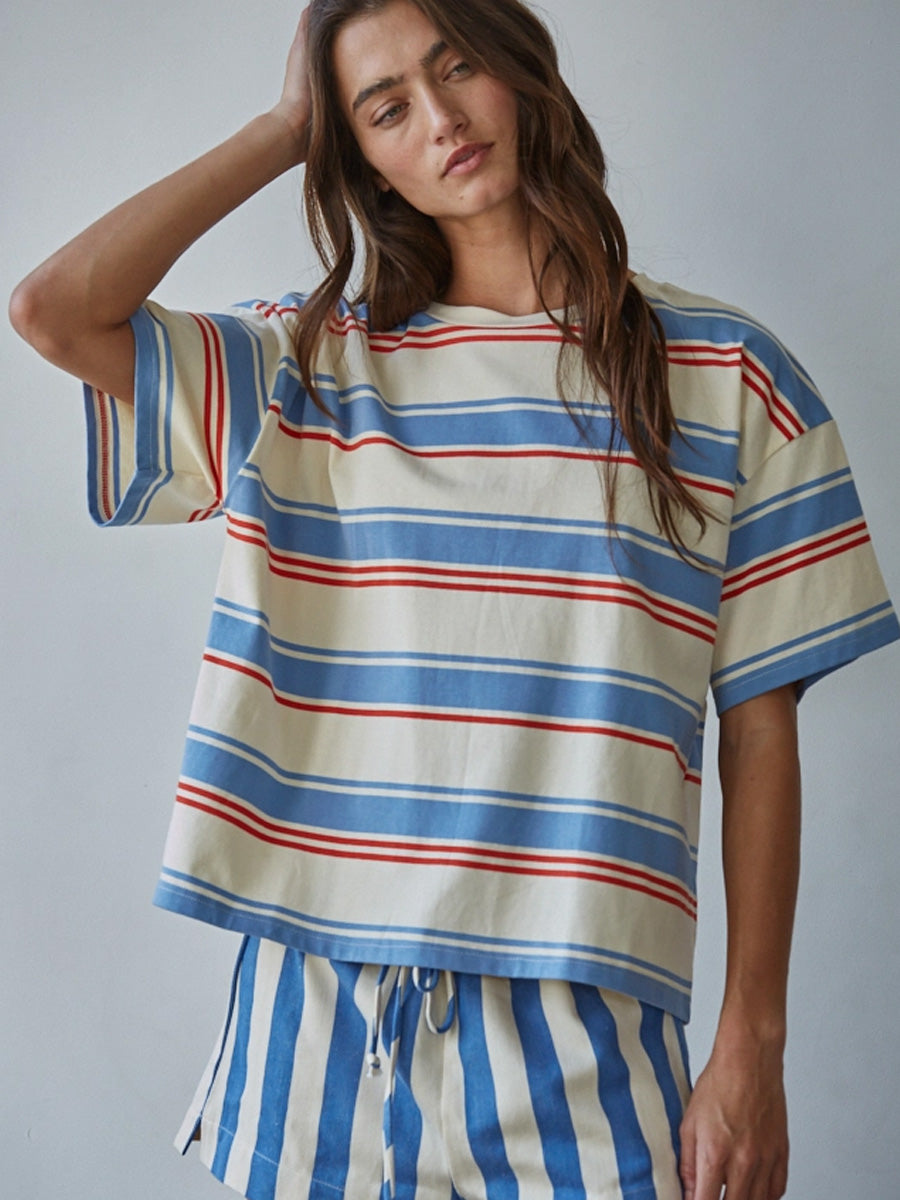 KNIT COTTON MULTI STRIPED SHORT SLEEVE TOP - CREAM BLUE