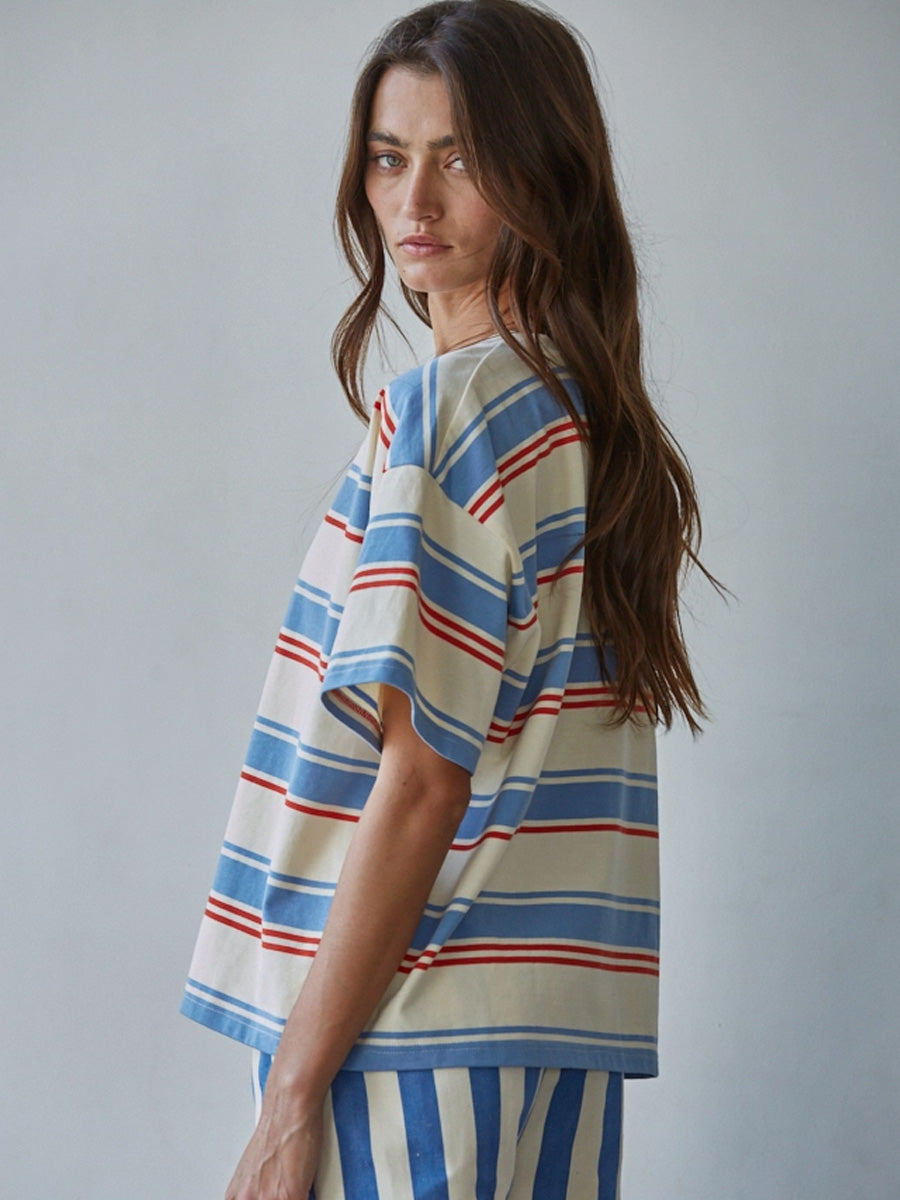 KNIT COTTON MULTI STRIPED SHORT SLEEVE TOP - CREAM BLUE