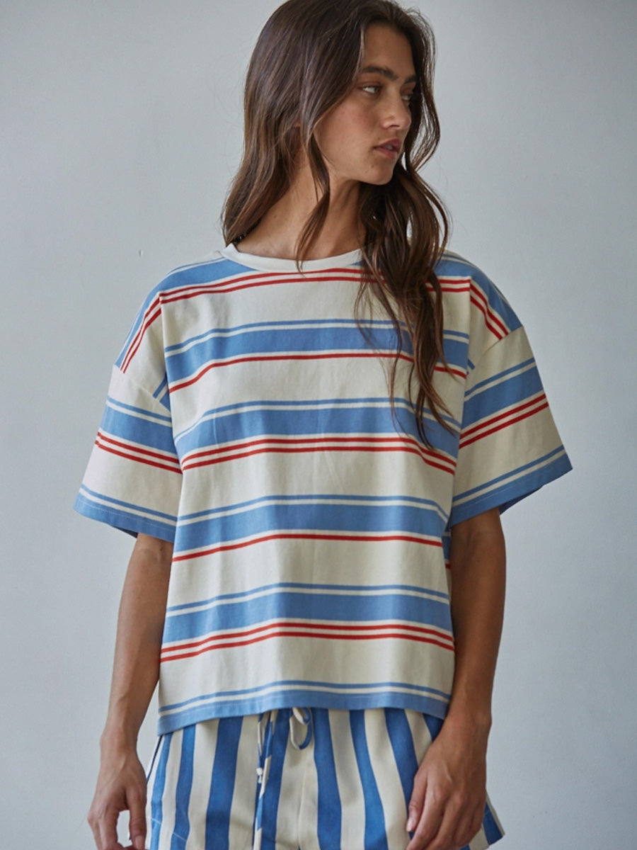 KNIT COTTON MULTI STRIPED SHORT SLEEVE TOP - CREAM BLUE