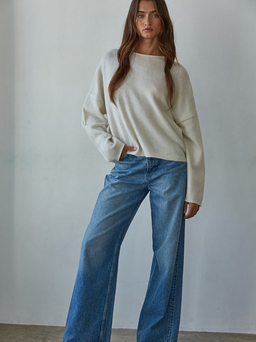 KNIT SWEATER WITH ROLLED ROUND NECK - OFF WHITE SWEATER -