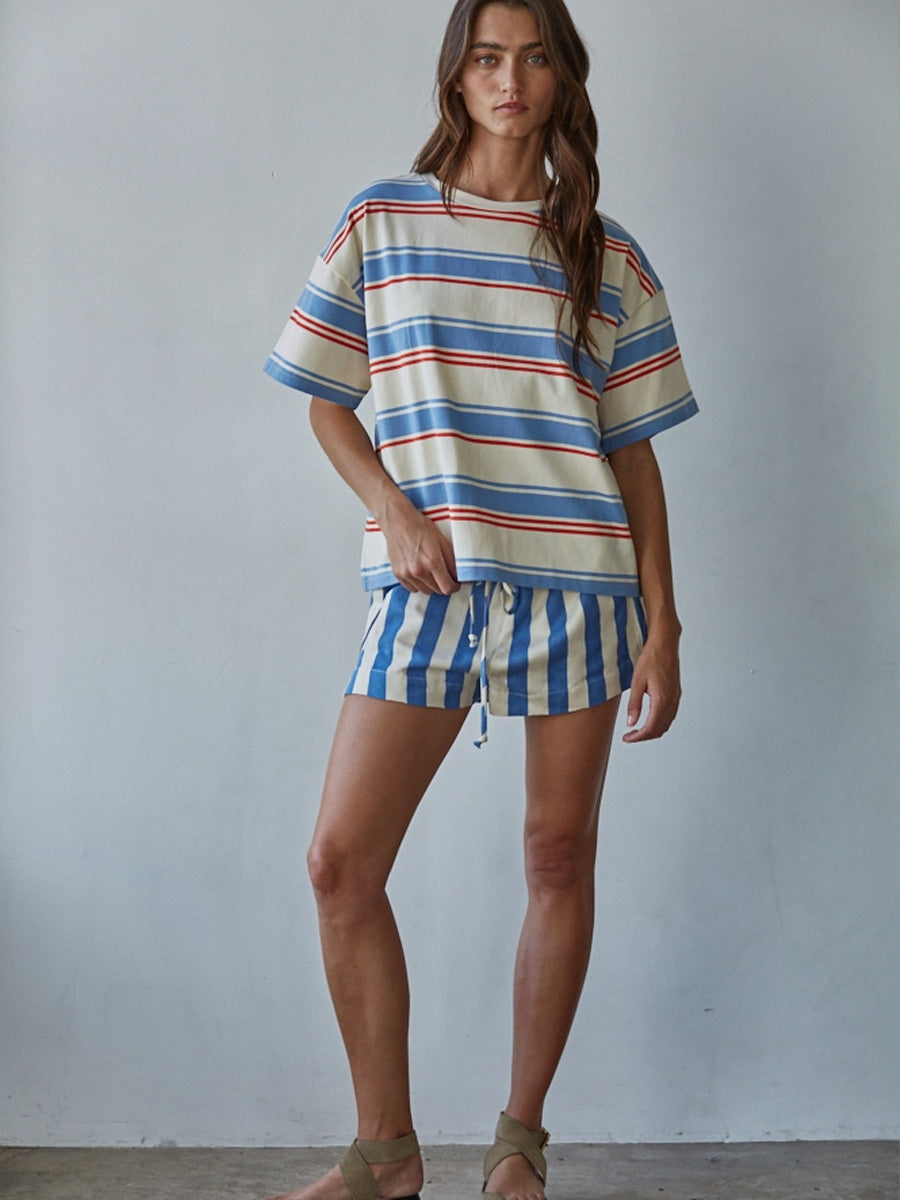 KNIT COTTON MULTI STRIPED SHORT SLEEVE TOP - CREAM BLUE