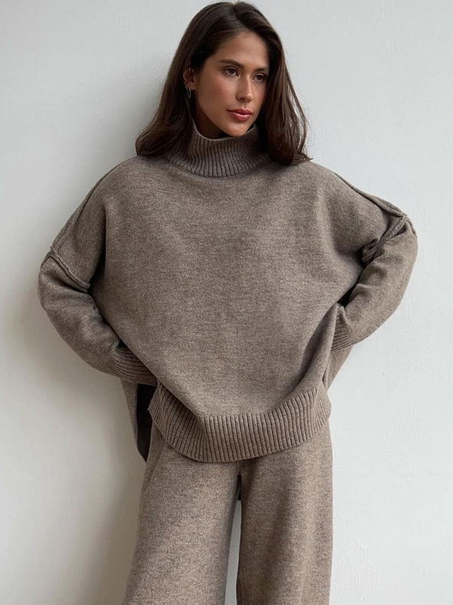 KNIT SIDE SLIT TURTLENECK SWEATER - DARK KHAKI SWEATER -