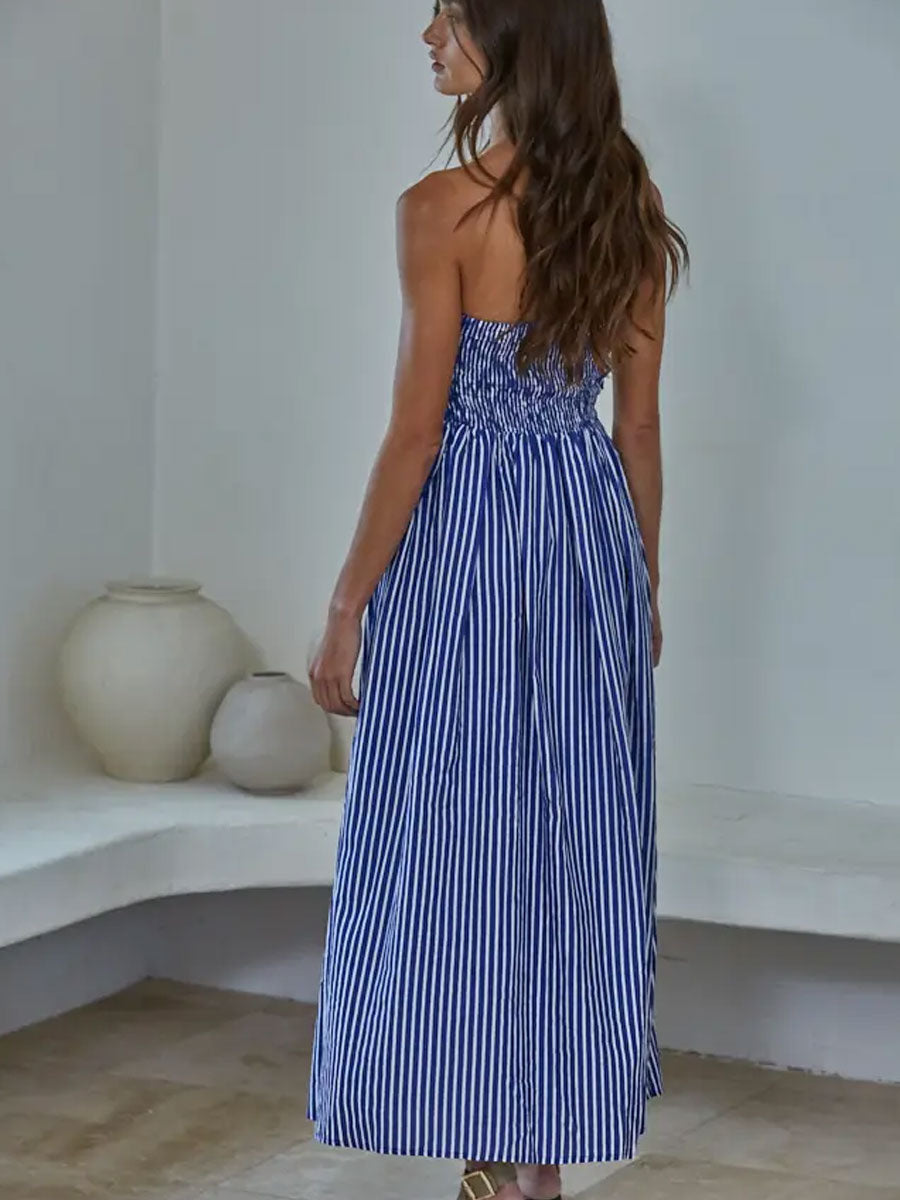 STRIPED STRAPLESS FLARE MAXI DRESS - DENIM BLUE
