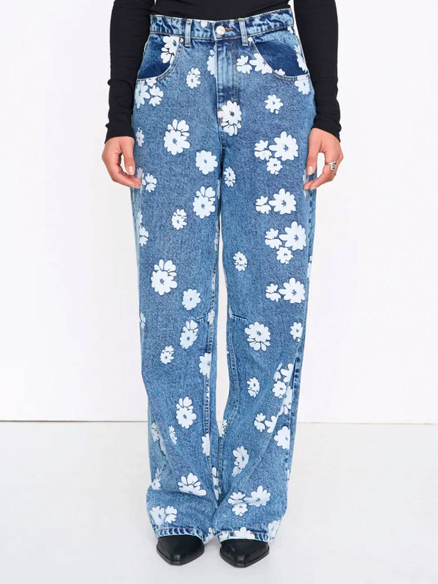 DENIM PANTS FLORAL DETAIL - BLUE
