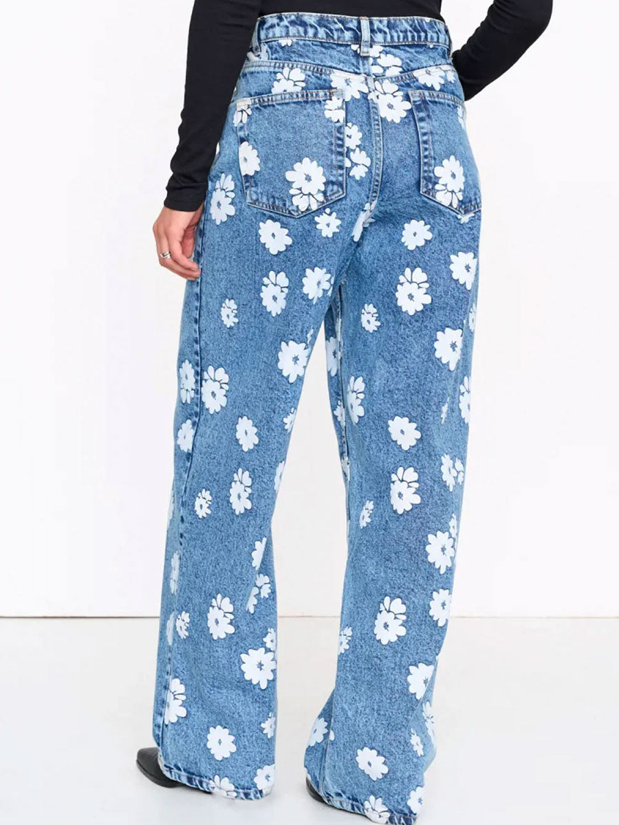DENIM PANTS FLORAL DETAIL - BLUE