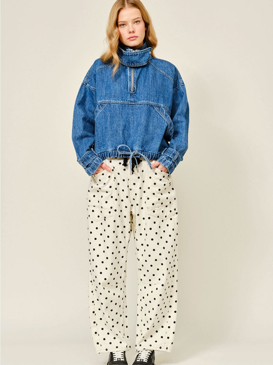 DOT BARREL DENIM PANTS WITH EYELET WAIST - CREAM PANTS -