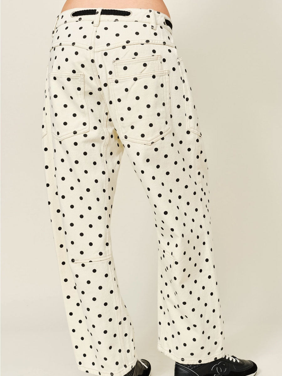 DOT BARREL DENIM PANTS WITH EYELET WAIST - CREAM PANTS -