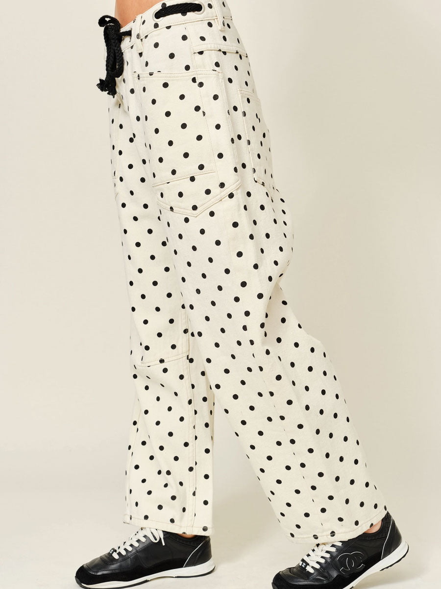 DOT BARREL DENIM PANTS WITH EYELET WAIST - CREAM PANTS -