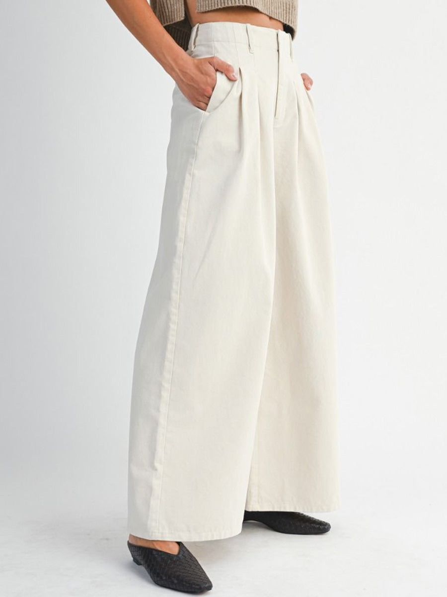 PLEATED WASHED TWILL WIDE LEG PANTS - ECRU PANT -