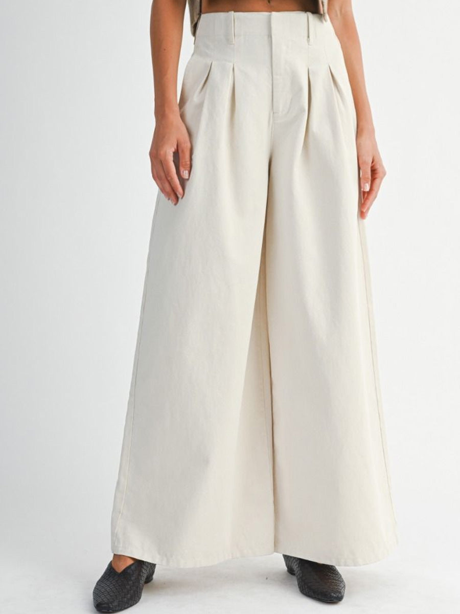 PLEATED WASHED TWILL WIDE LEG PANTS - ECRU PANT -