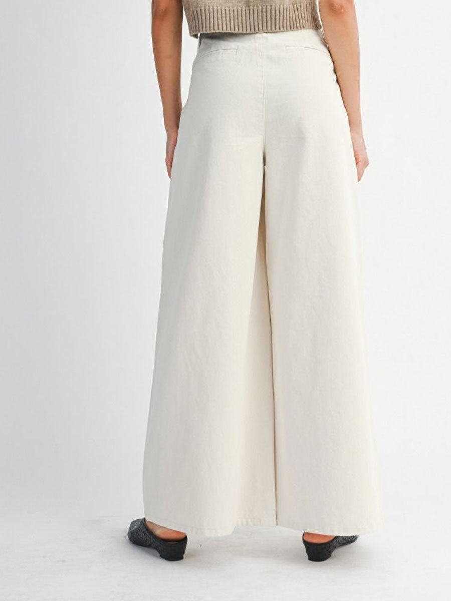 PLEATED WASHED TWILL WIDE LEG PANTS - ECRU PANT -