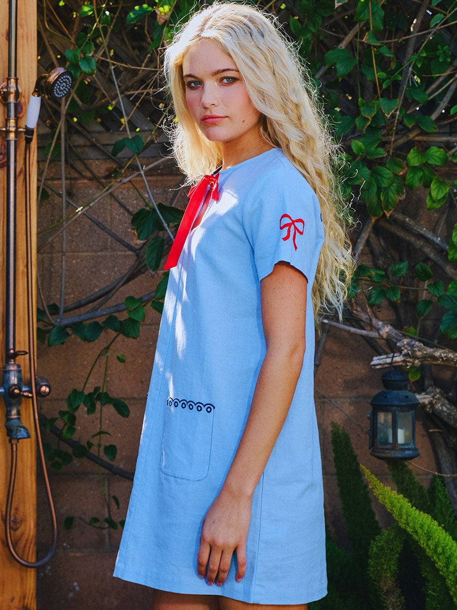 COTTON LINEN EMBROIDERED MINI DRESS - BLUE DRESSES OAK CLOTHING CO.