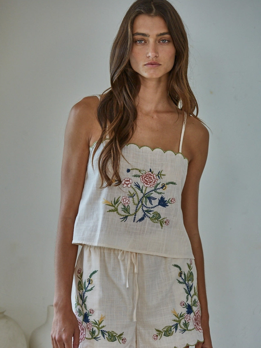 WOVEN EMBROIDERED SLEEVELESS TOP - NATURAL