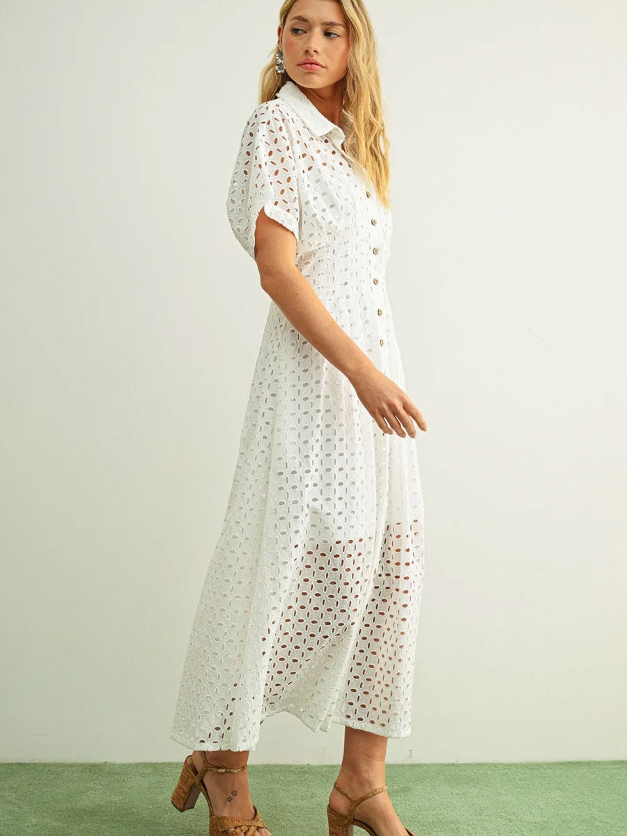 EYELET FABRIC BUTTON FRONT SHIRT DRESS - WHITE DRESSES OAK CLOTHING CO.
