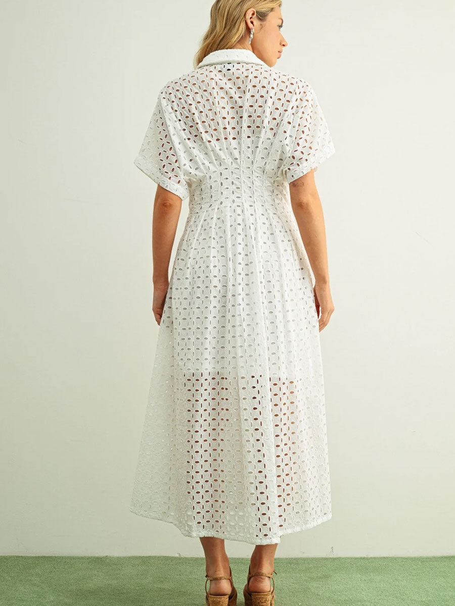 EYELET FABRIC BUTTON FRONT SHIRT DRESS - WHITE DRESSES OAK CLOTHING CO.