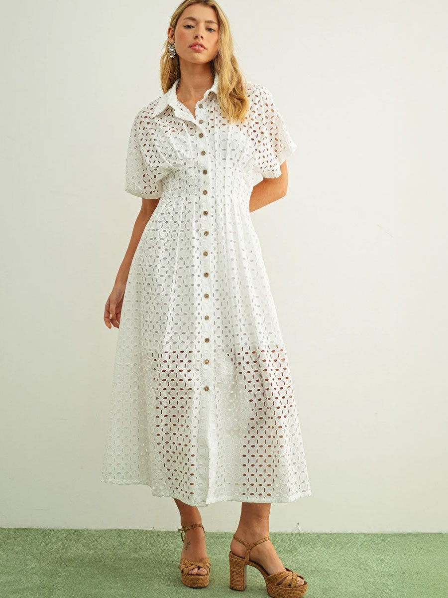EYELET FABRIC BUTTON FRONT SHIRT DRESS | WHITE