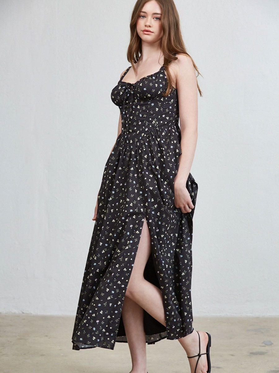 FLORAL WIRED FRONT RIBBON MAXI DRESS - BLACK DRESSES OAK CLOTHING CO.