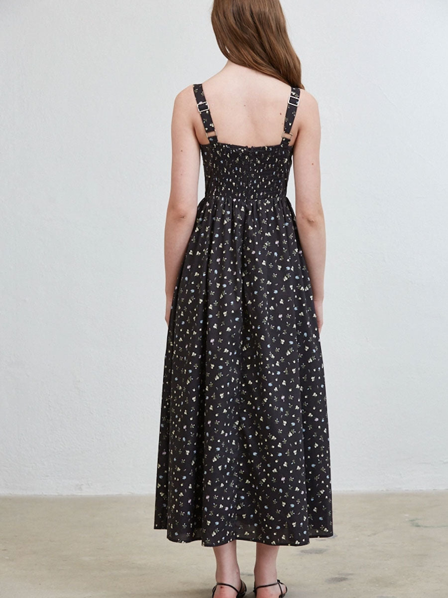 FLORAL WIRED FRONT RIBBON MAXI DRESS - BLACK DRESSES OAK CLOTHING CO.