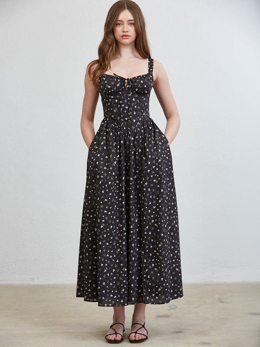 FLORAL WIRED FRONT RIBBON MAXI DRESS - BLACK DRESSES OAK CLOTHING CO.