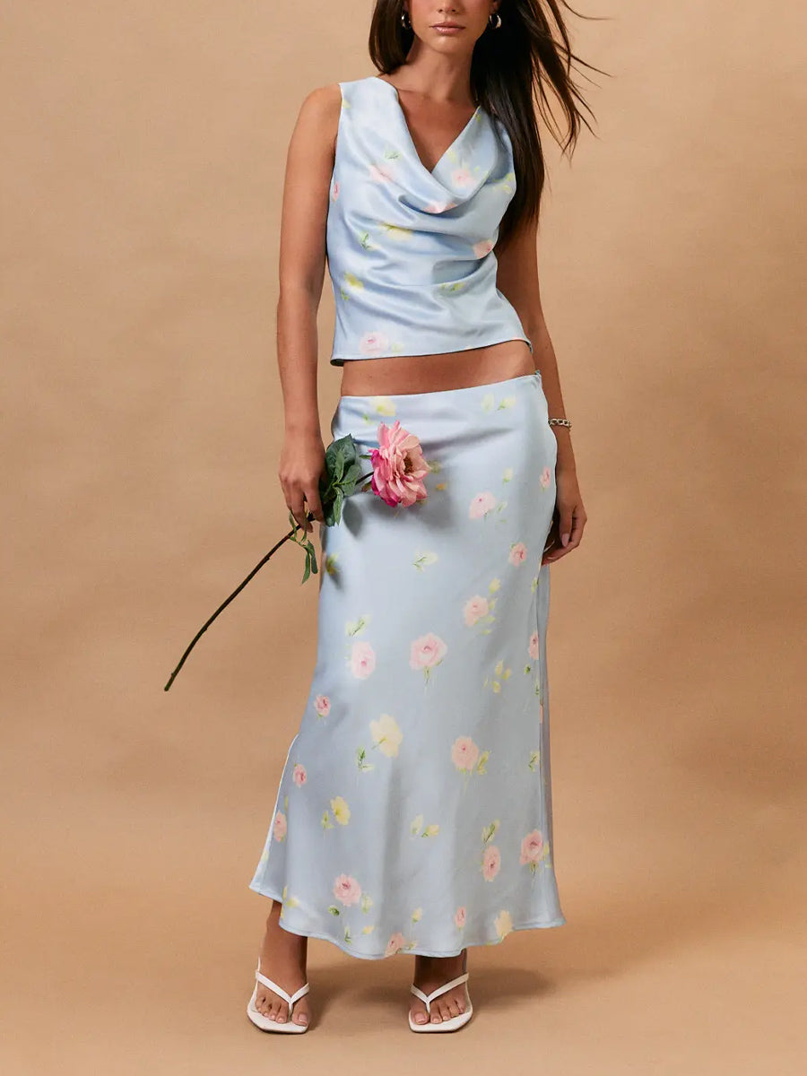 MID WAISTED BIAS MIDI SKIRT - BLUE FLORAL SKIRTS LE LIS