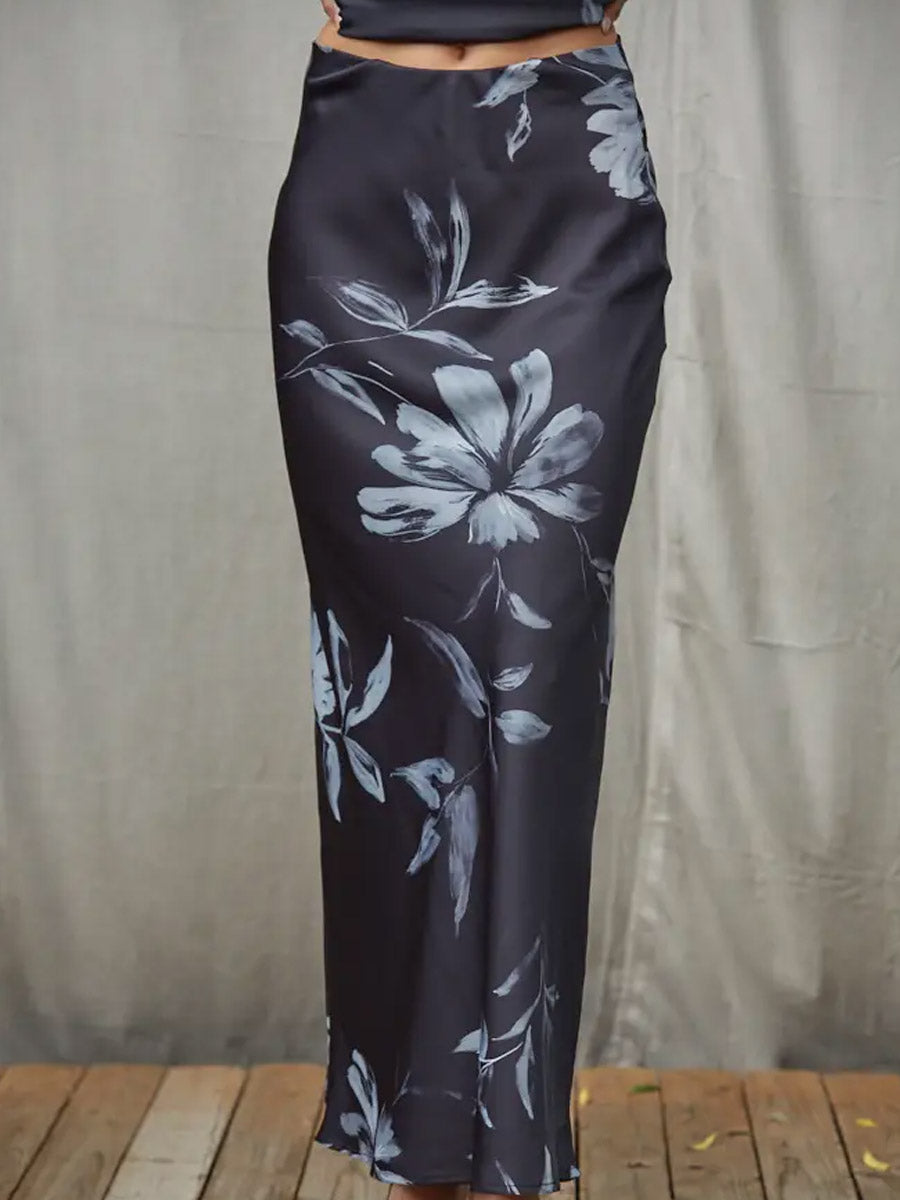 WOVEN FLORAL PRINT FLARE MIDI SKIRT - BLACK/GREY