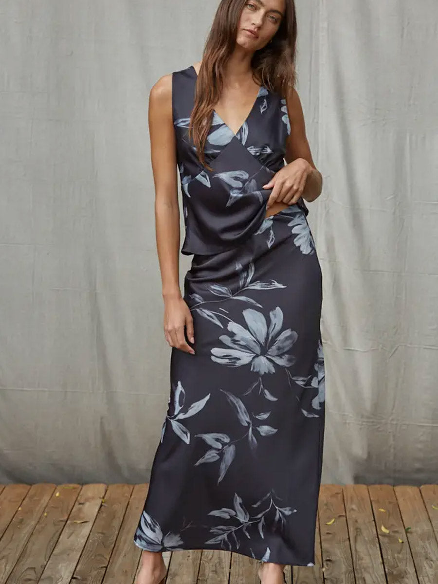 WOVEN FLORAL PRINT FLARE MIDI SKIRT - BLACK/GREY
