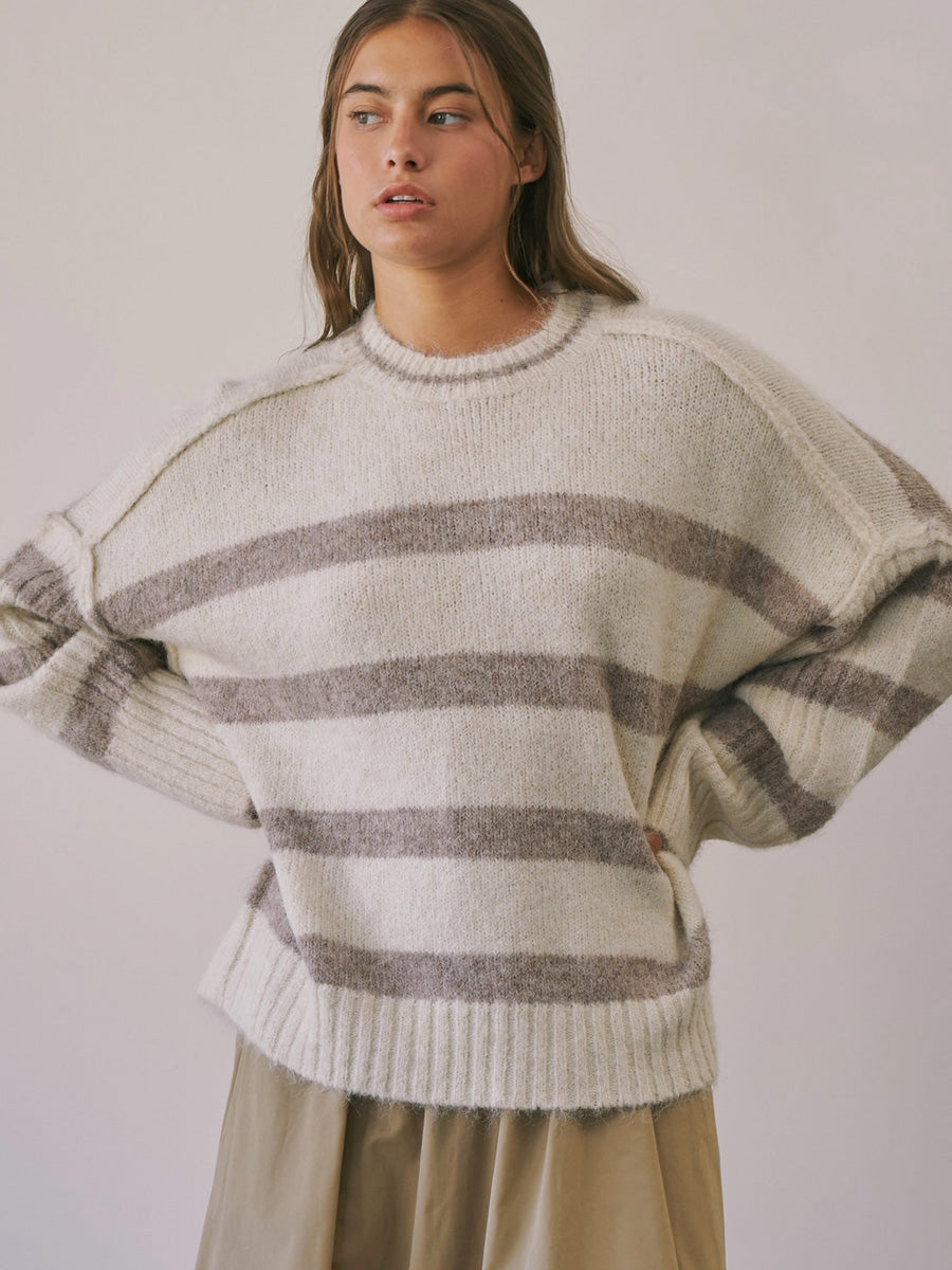 FUZZY BOYFRIEND FIT STRIPE SWEATER - CREAM SWEATERS OAK CLOTHING CO.
