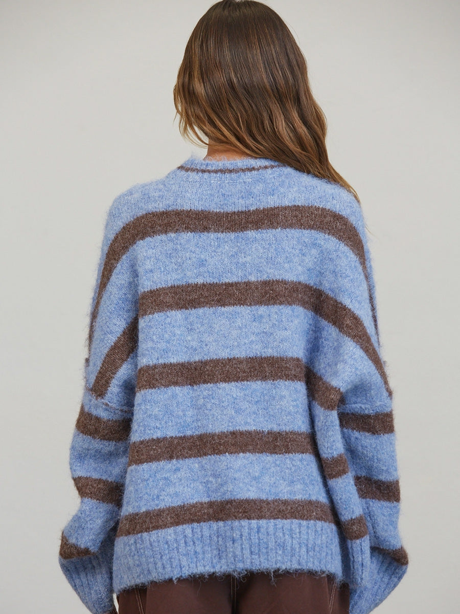 FUZZY BOYFRIEND FIT STRIPE SWEATER - BLUE