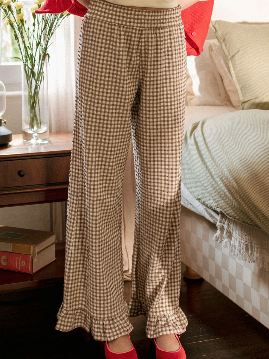 CRINKLED GINGHAM PRINTED PANTS WITH RUFFLE HEM - BROWN PANTS OAK CLOTHING CO.