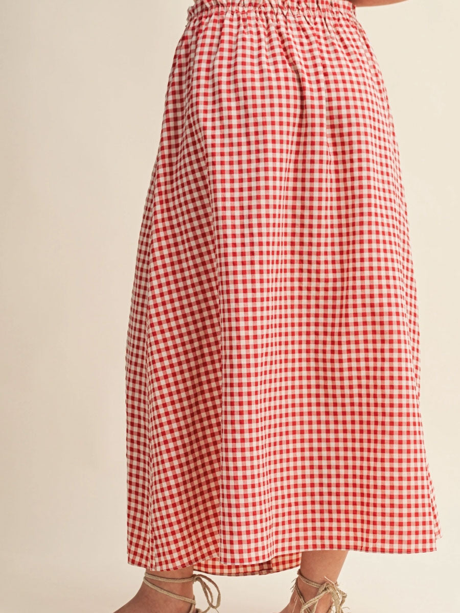 GINGHAM PATTERN BUTTON FRONT LONG SKIRT - RED SKIRTS OAK CLOTHING CO.