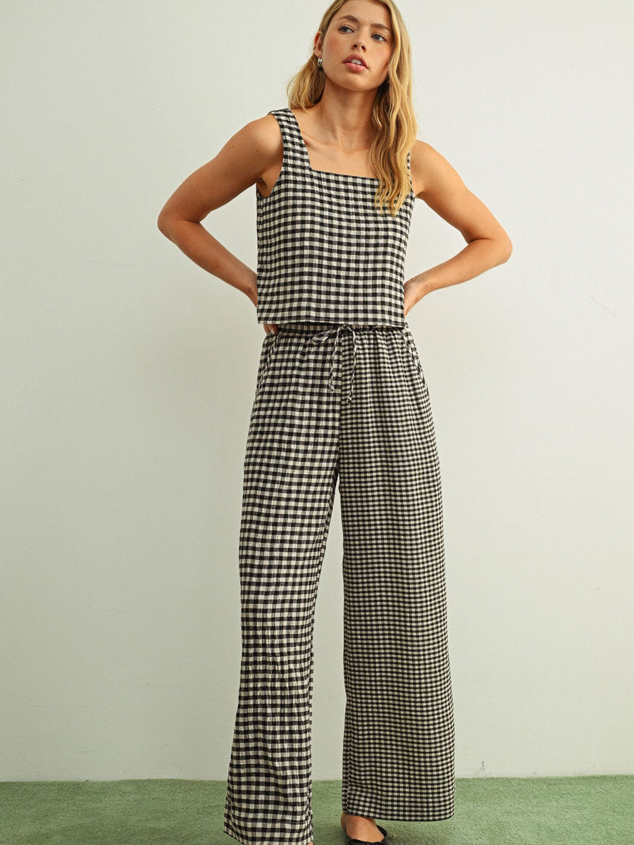 MIXED GINGHAM SQUARE SLEEVELESS TOP - BLACK/CREAM SHIRTS OAK CLOTHING CO.