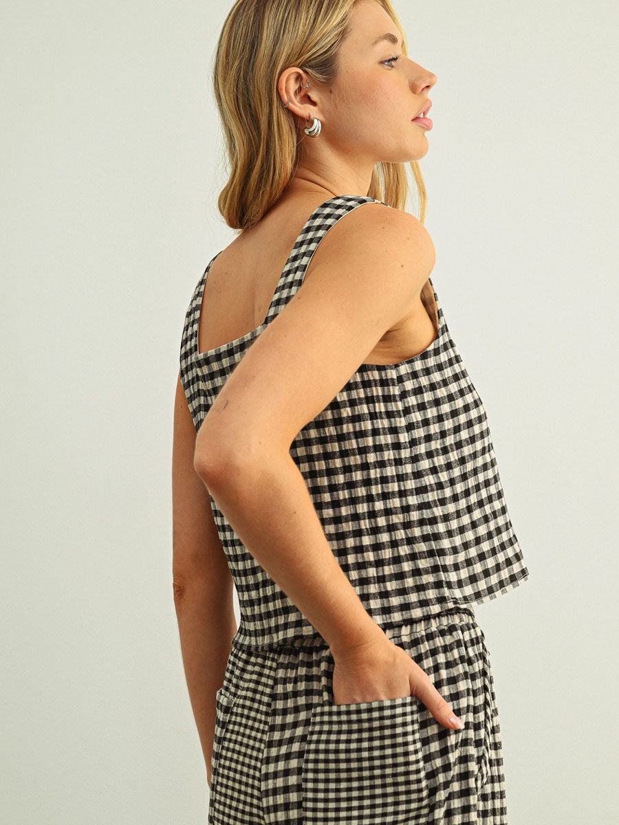MIXED GINGHAM SQUARE SLEEVELESS TOP - BLACK/CREAM SHIRTS OAK CLOTHING CO.