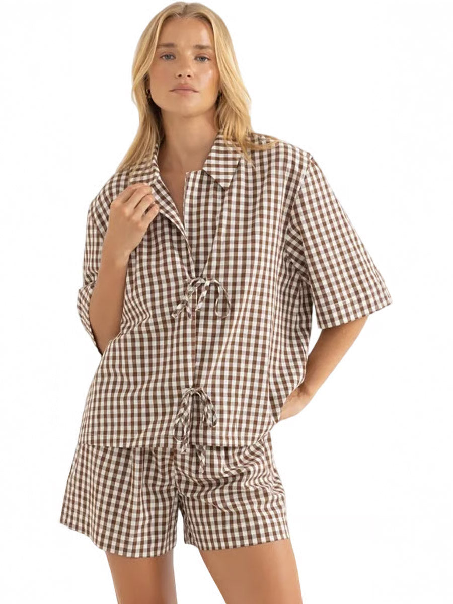 RHYTHM BIRDIE GINGHAM TIE FRONT TOP - BROWN