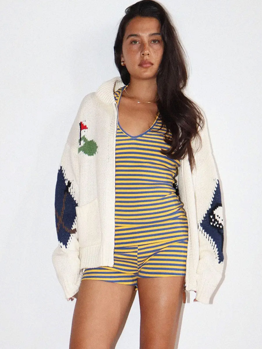 GOLF INTARSIA ZIP SWEATER - CREAM