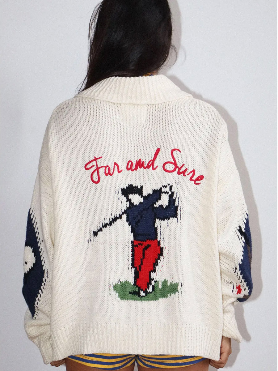 GOLF INTARSIA ZIP SWEATER - CREAM