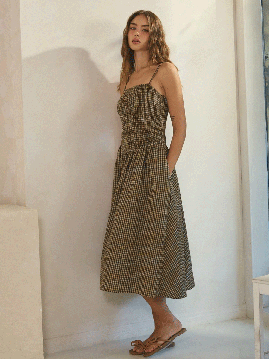 GINGHAM SMOCKED MIDI DRESS - GREEN MULTI DRESSES OAK CLOTHING CO.