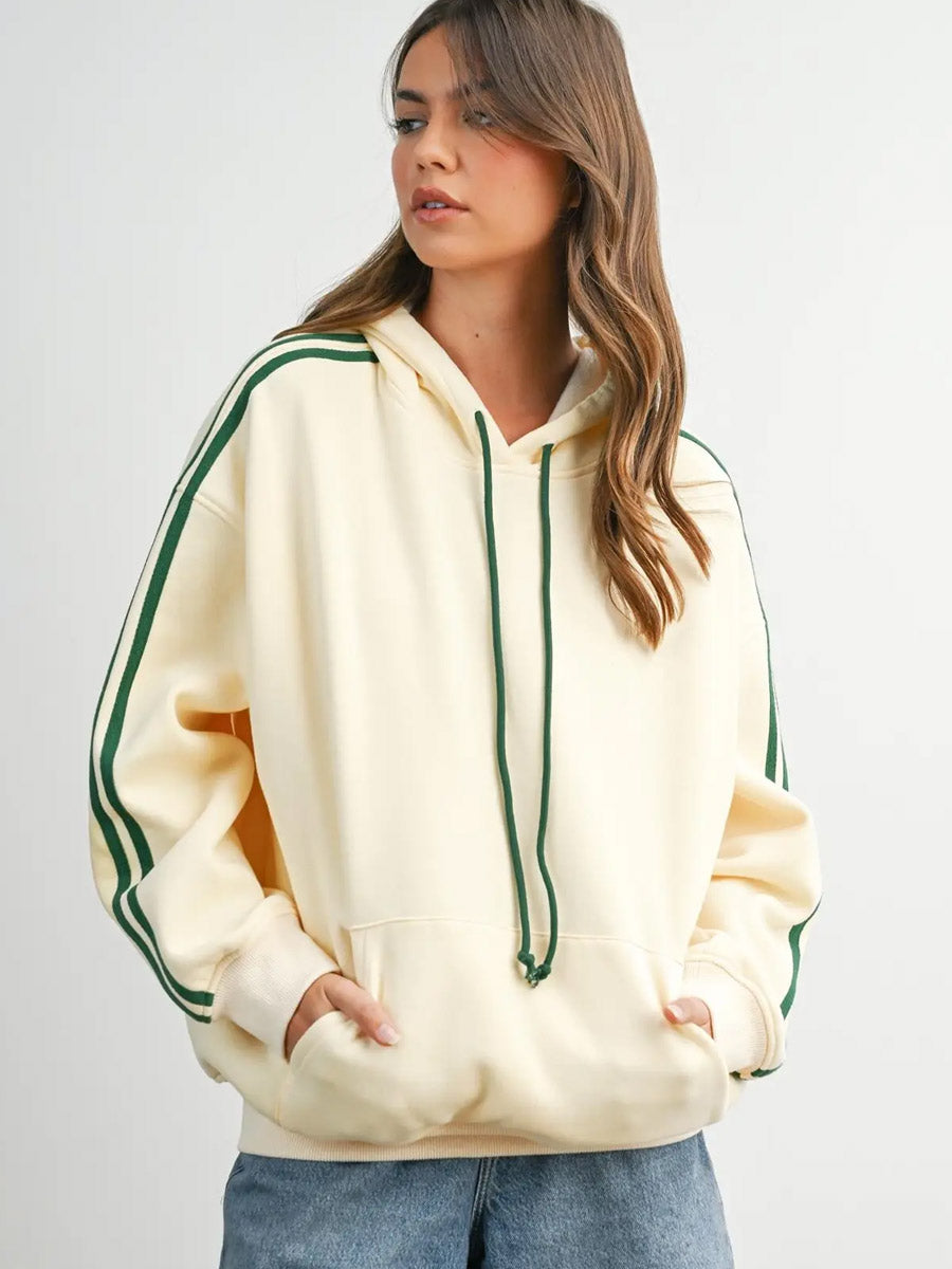 CONTRAST STRIPED DRAWSTRING HOODIE - GREEN