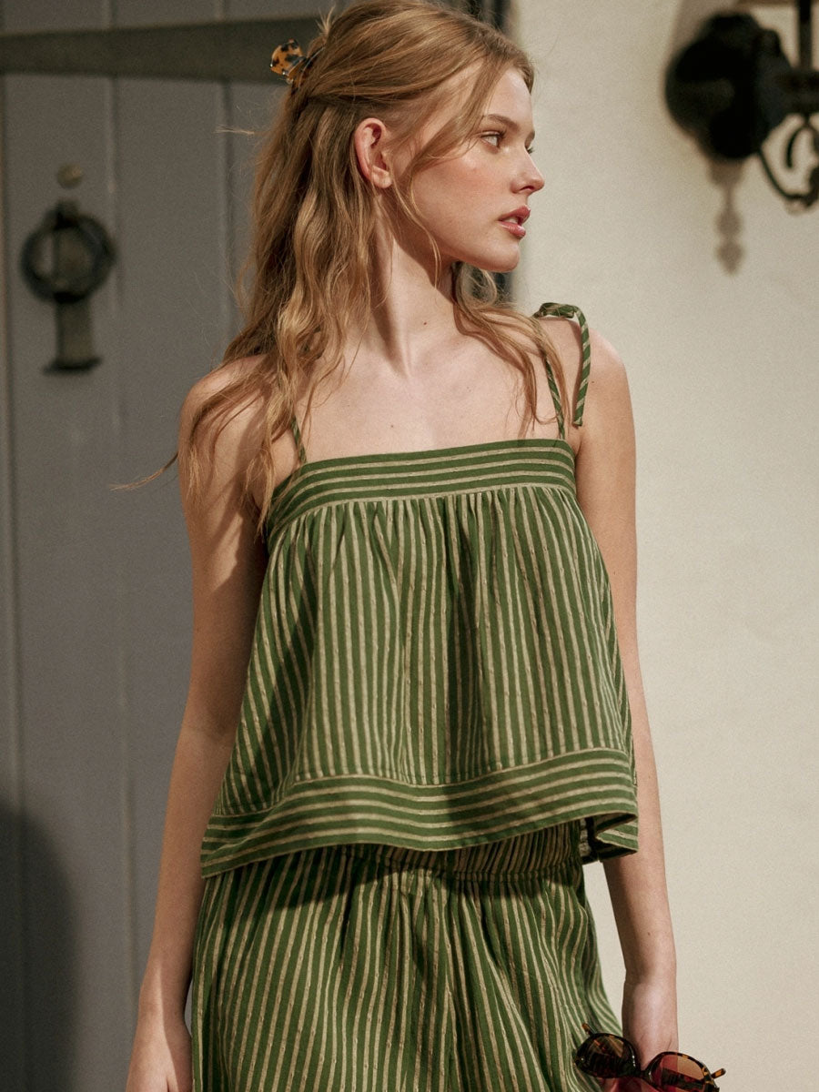 STRIPED PRINT SPAGHETTI STRAP TOP - GREEN TANK TOPS OAK CLOTHING CO.