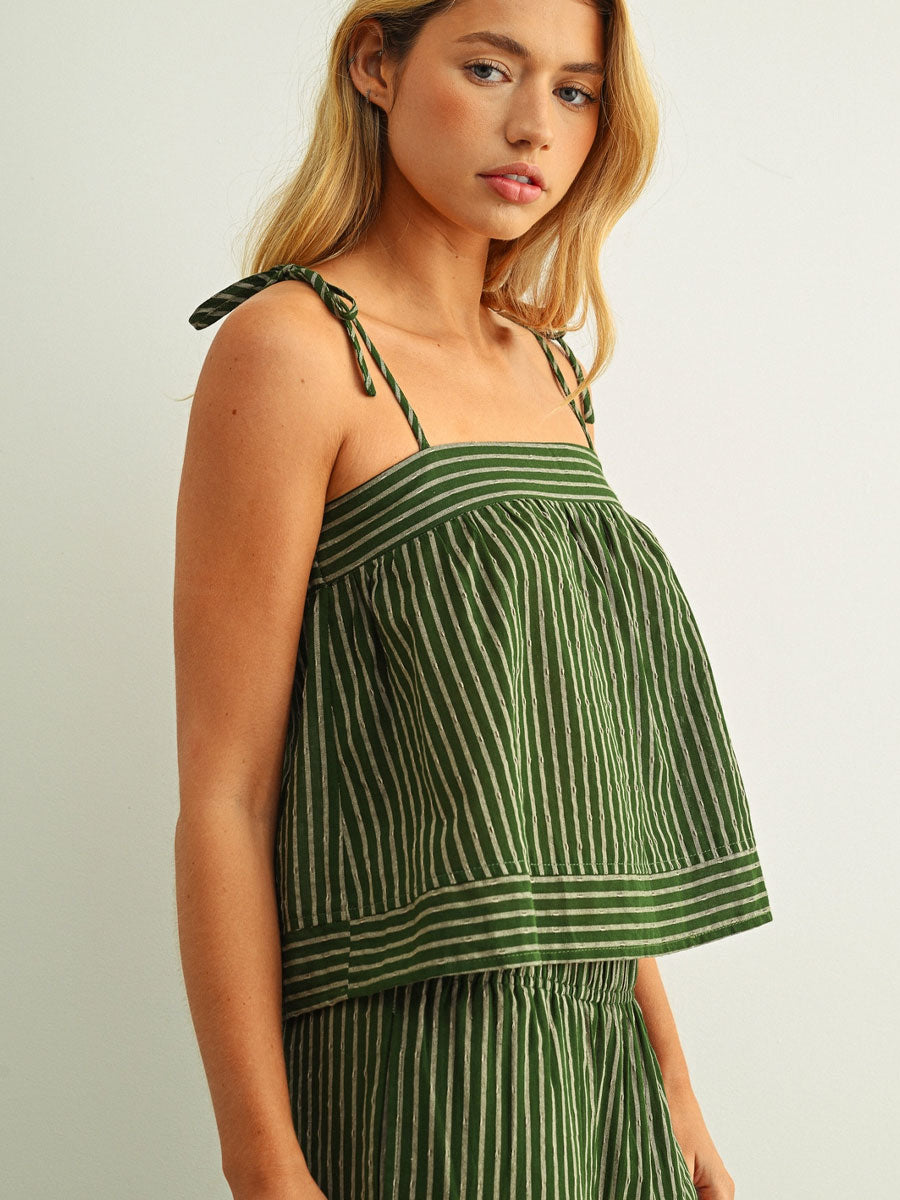 STRIPED PRINT SPAGHETTI STRAP TOP - GREEN TANK TOPS OAK CLOTHING CO.