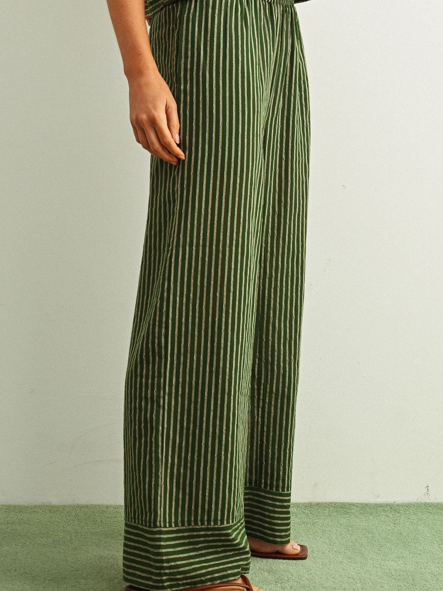 STRIPED PRINT STRAIGHT WIDE LEG PANTS - GREEN PANTS OAK CLOTHING CO.