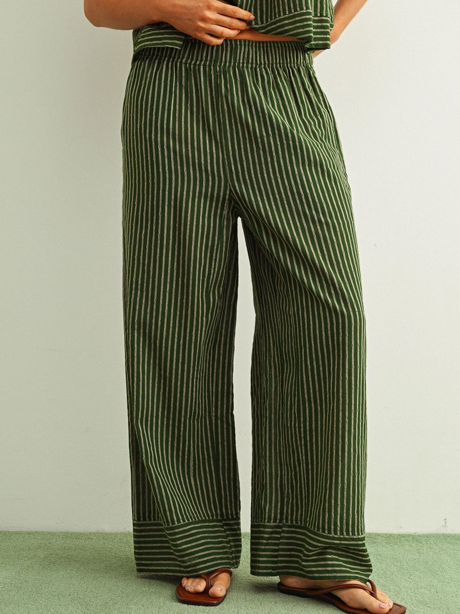 STRIPED PRINT STRAIGHT WIDE LEG PANTS - GREEN PANTS OAK CLOTHING CO.