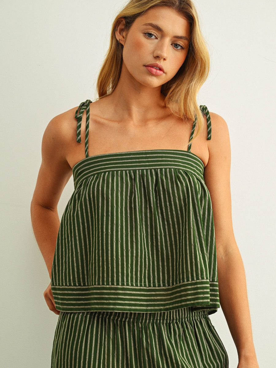 STRIPED PRINT SPAGHETTI STRAP TOP - GREEN TANK TOPS OAK CLOTHING CO.