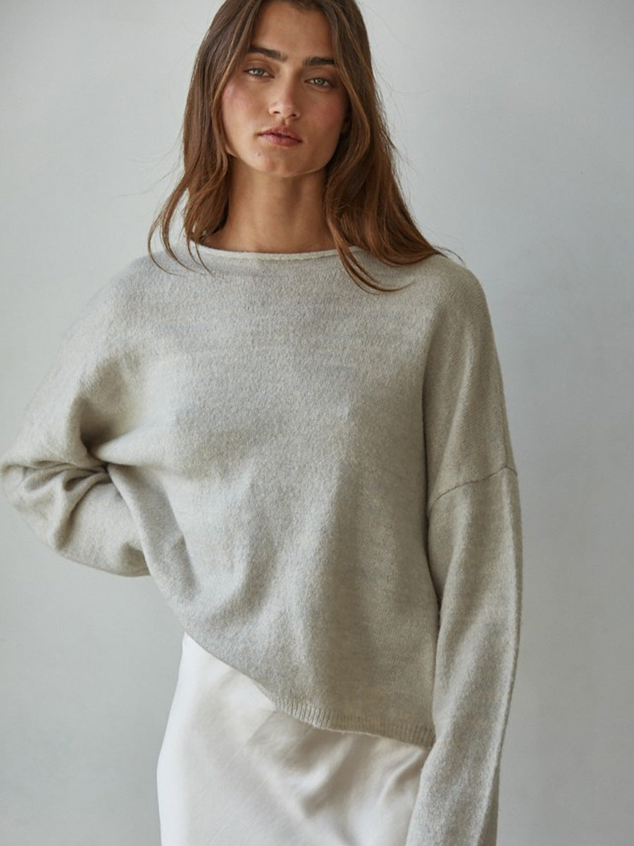 KNIT SWEATER WITH ROLLED ROUND NECK - HEATHER GREY SWEATER -