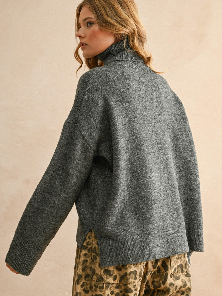 TURTLE NECK LONG SLEEVE SWEATER - CHARCOAL SWEATER -