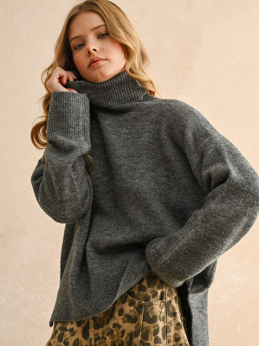 TURTLE NECK LONG SLEEVE SWEATER - CHARCOAL SWEATER -