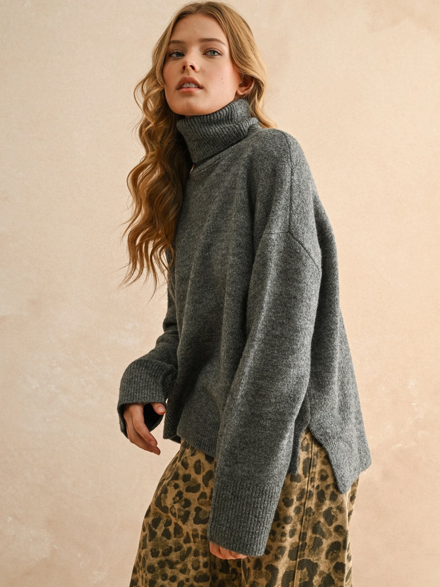 TURTLE NECK LONG SLEEVE SWEATER - CHARCOAL SWEATER -