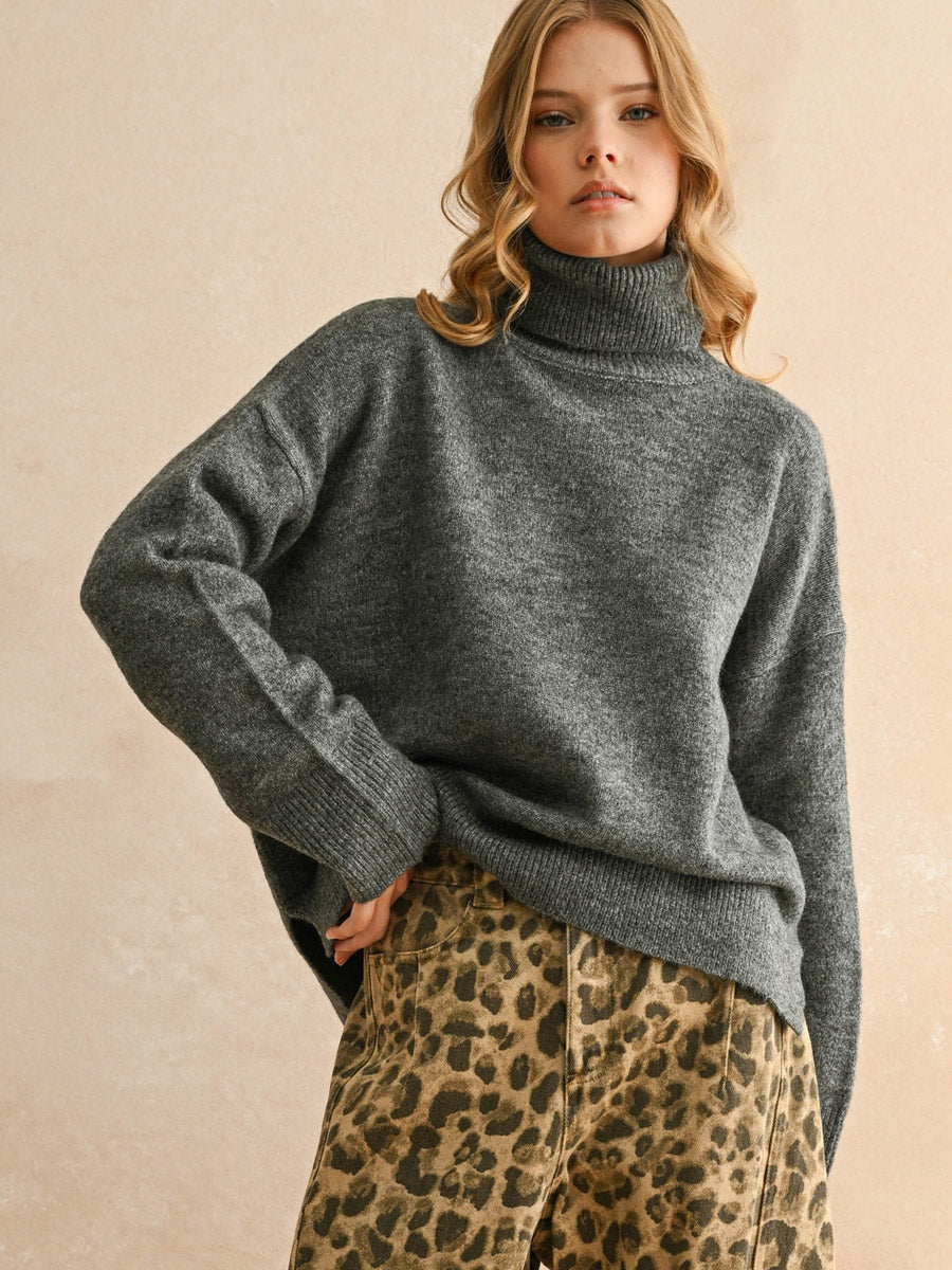 TURTLE NECK LONG SLEEVE SWEATER - CHARCOAL SWEATER -