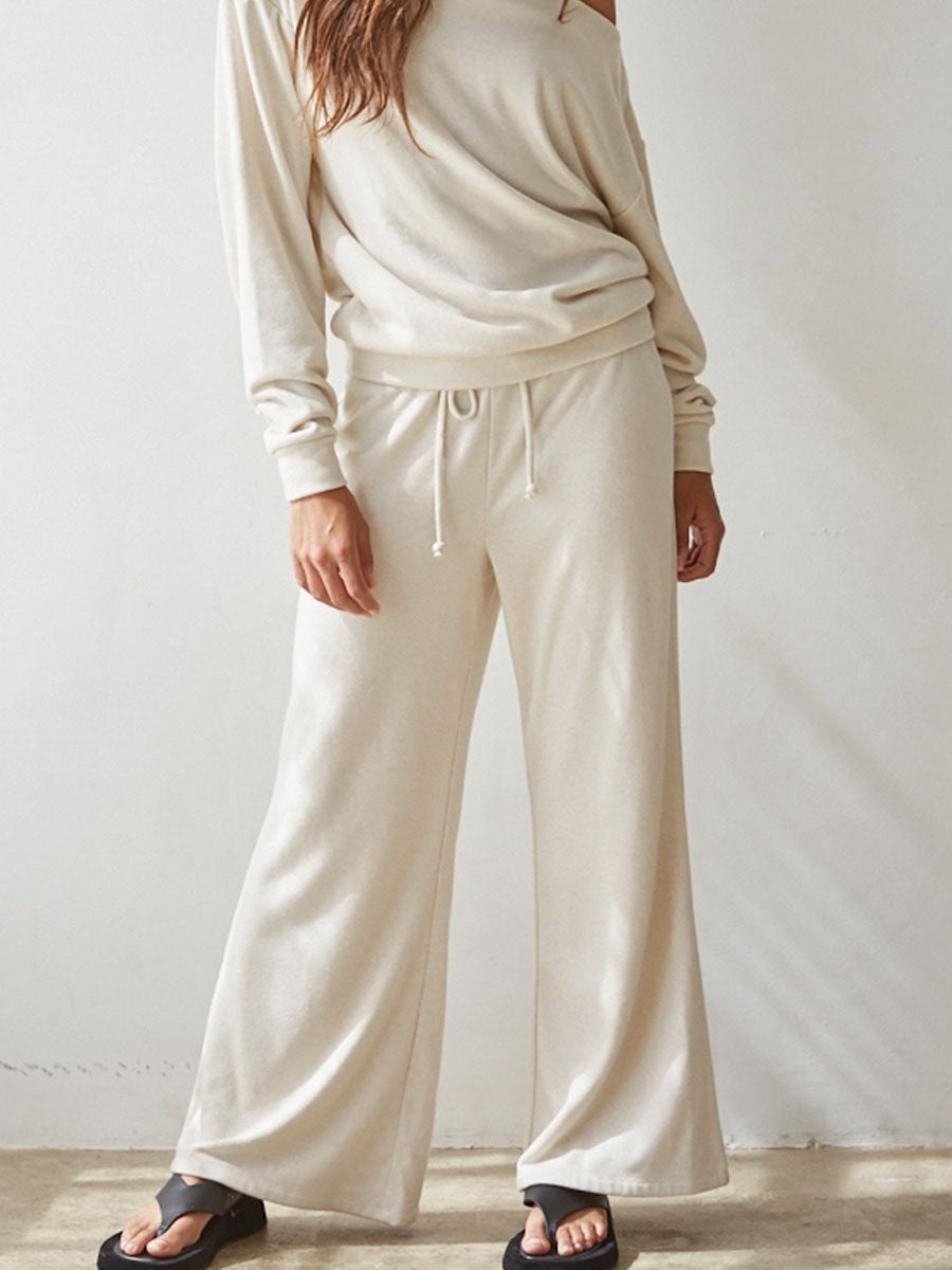 KNIT WIDE LEG PANTS - CREAM